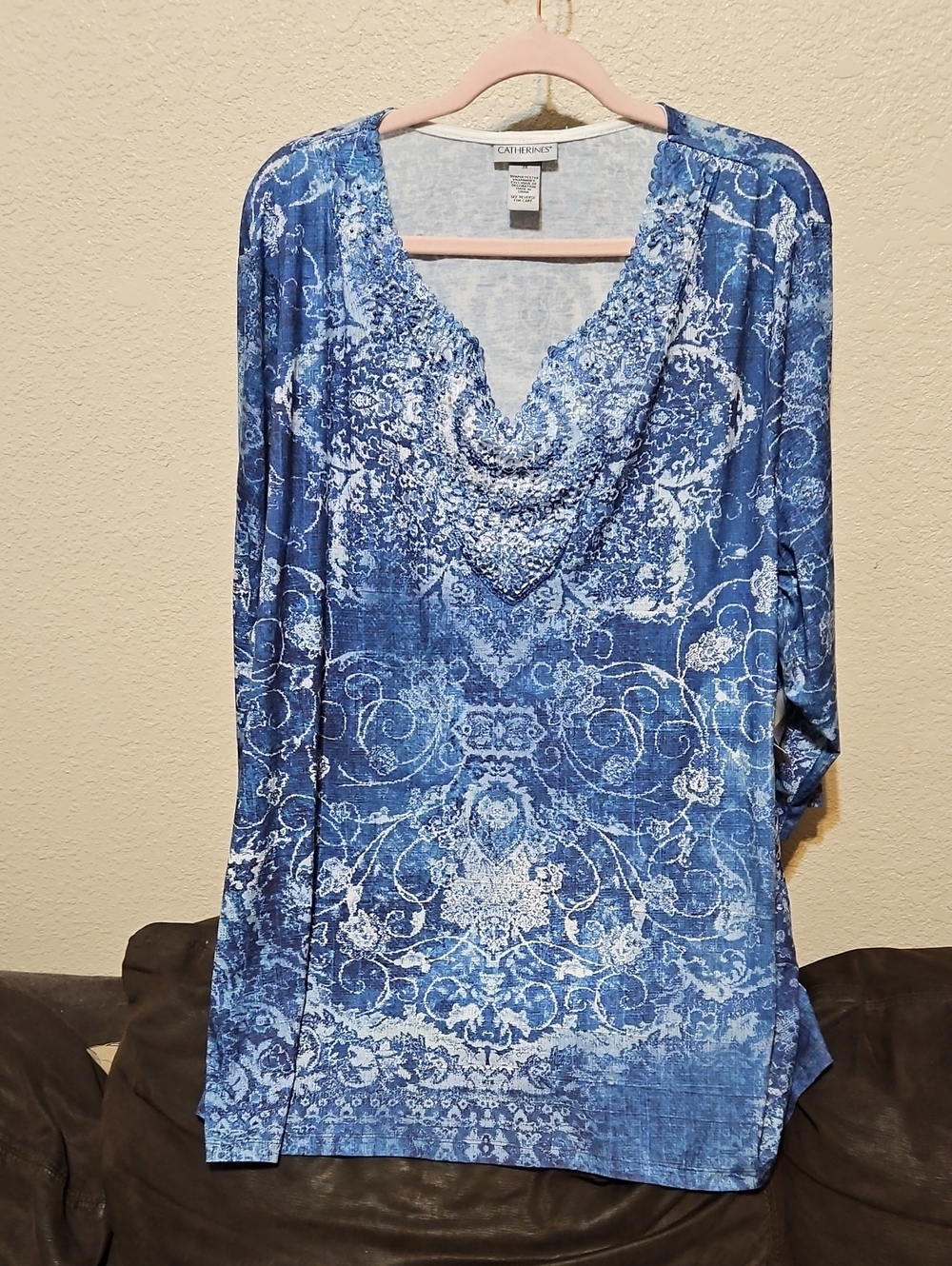 Catherines Blue and White Paisley-Print Long Sleeve V-Neck Top